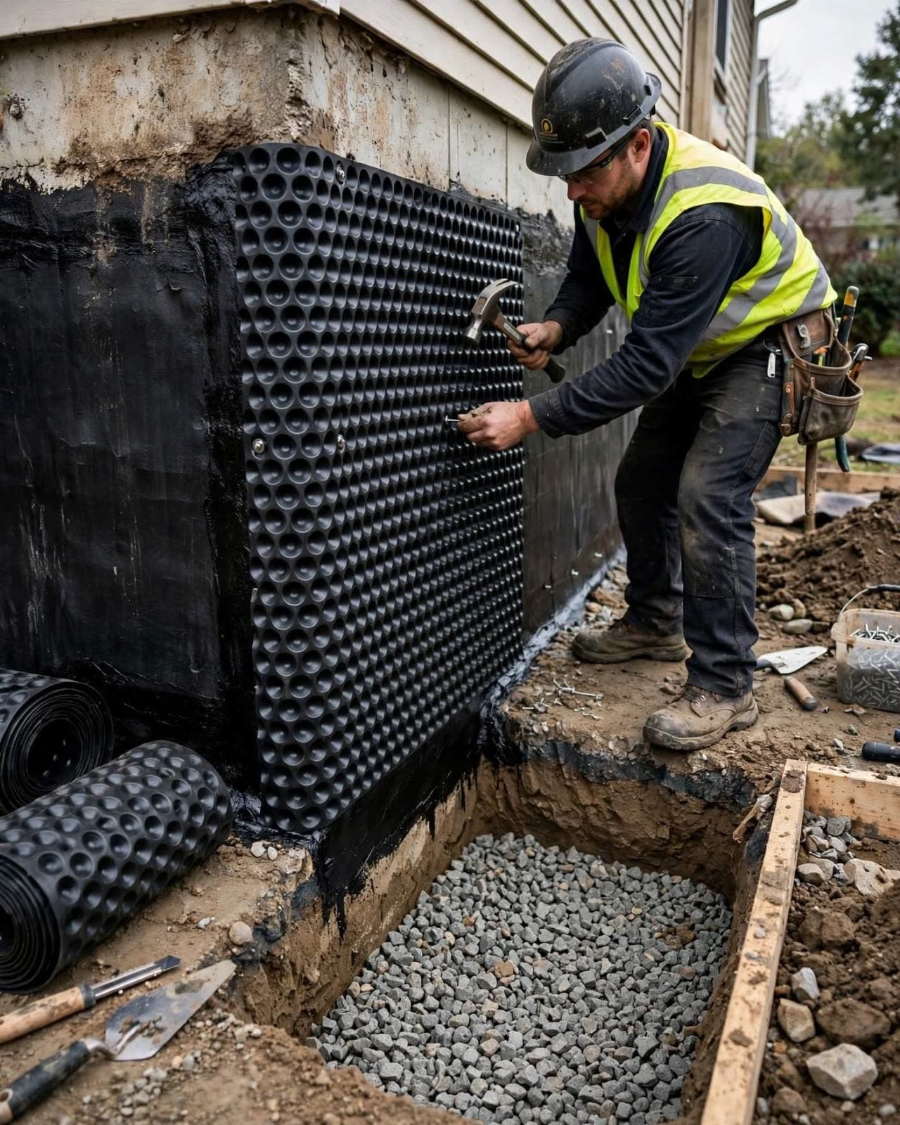 Dimpled drainage board being fastened over the membrane on a foundation wall