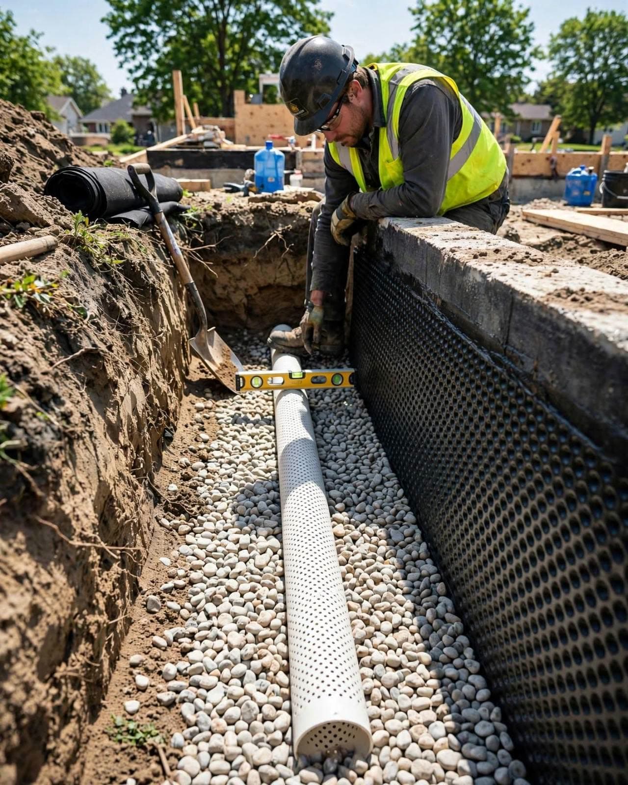 Perforated weeping tile being levelled in clear gravel beside a dimple-board-covered wall