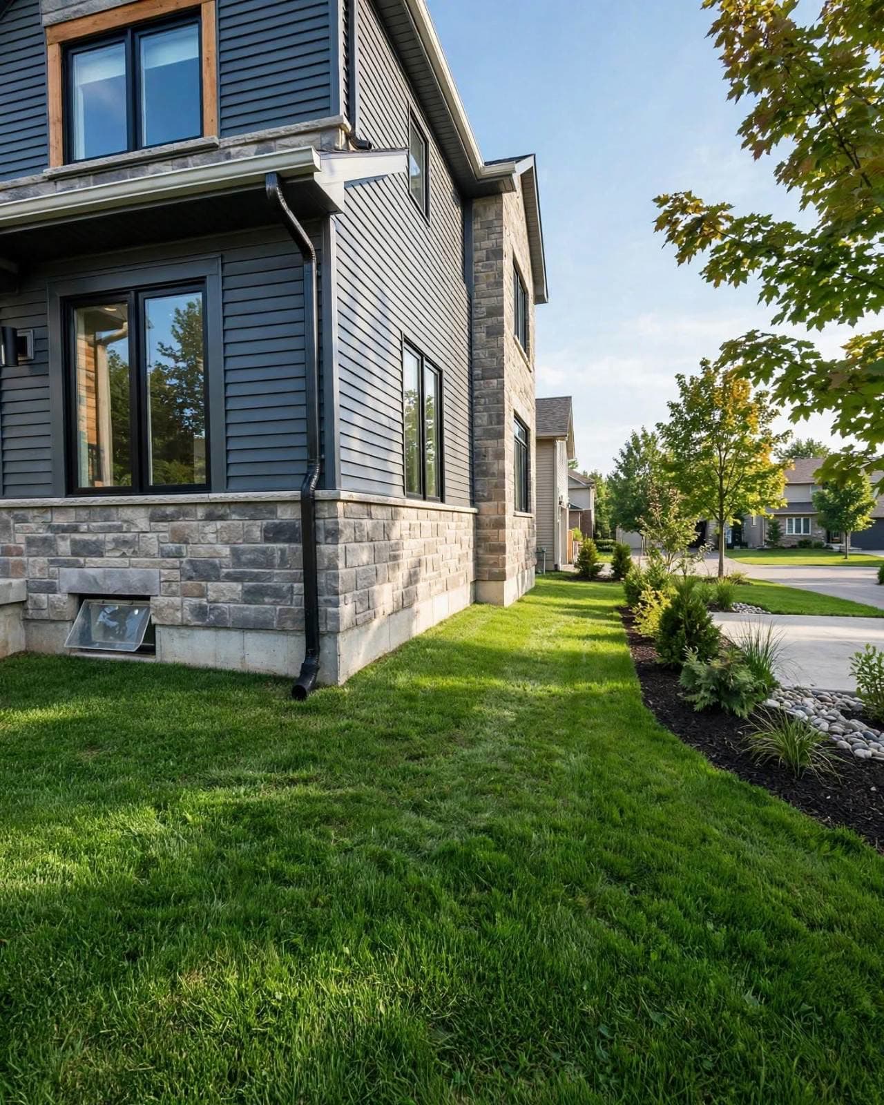 Side of a house with fresh lawn after exterior waterproofing was completed