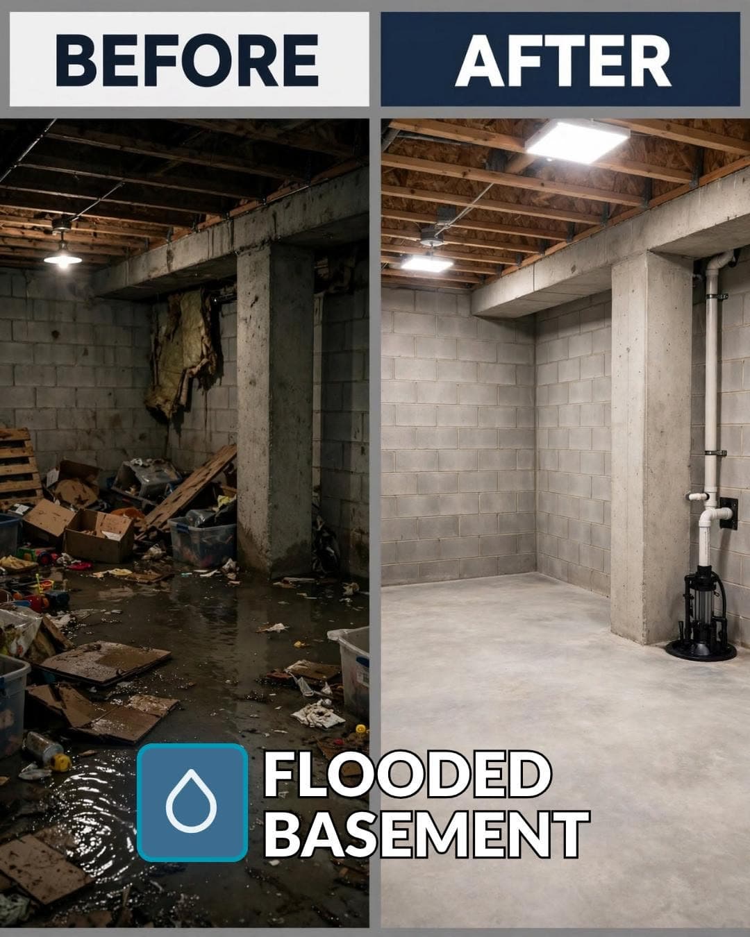 Before and after: a flooded, debris-filled basement and the same basement dry and clean