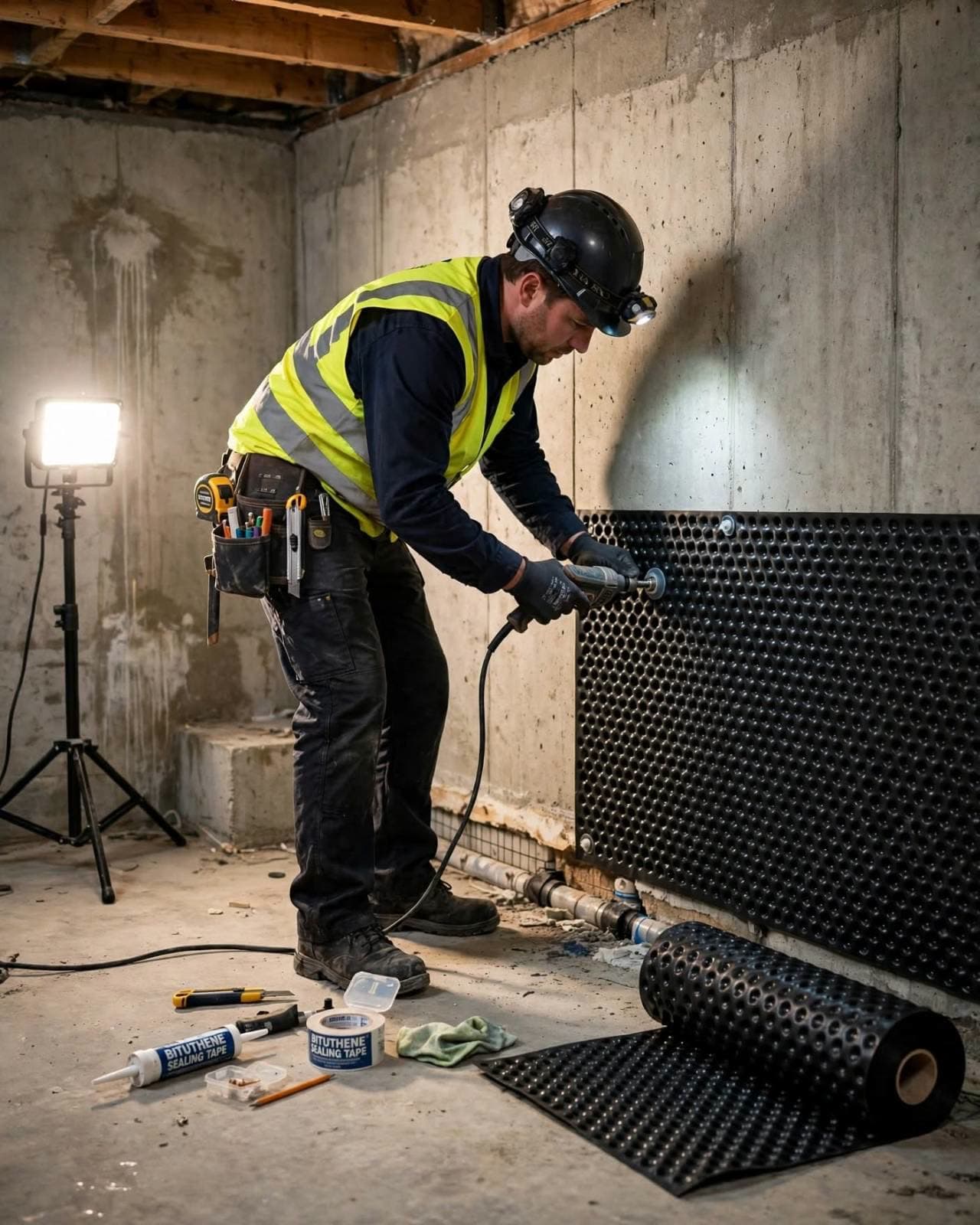 Technician fastening dimpled drainage membrane to an interior basement wall