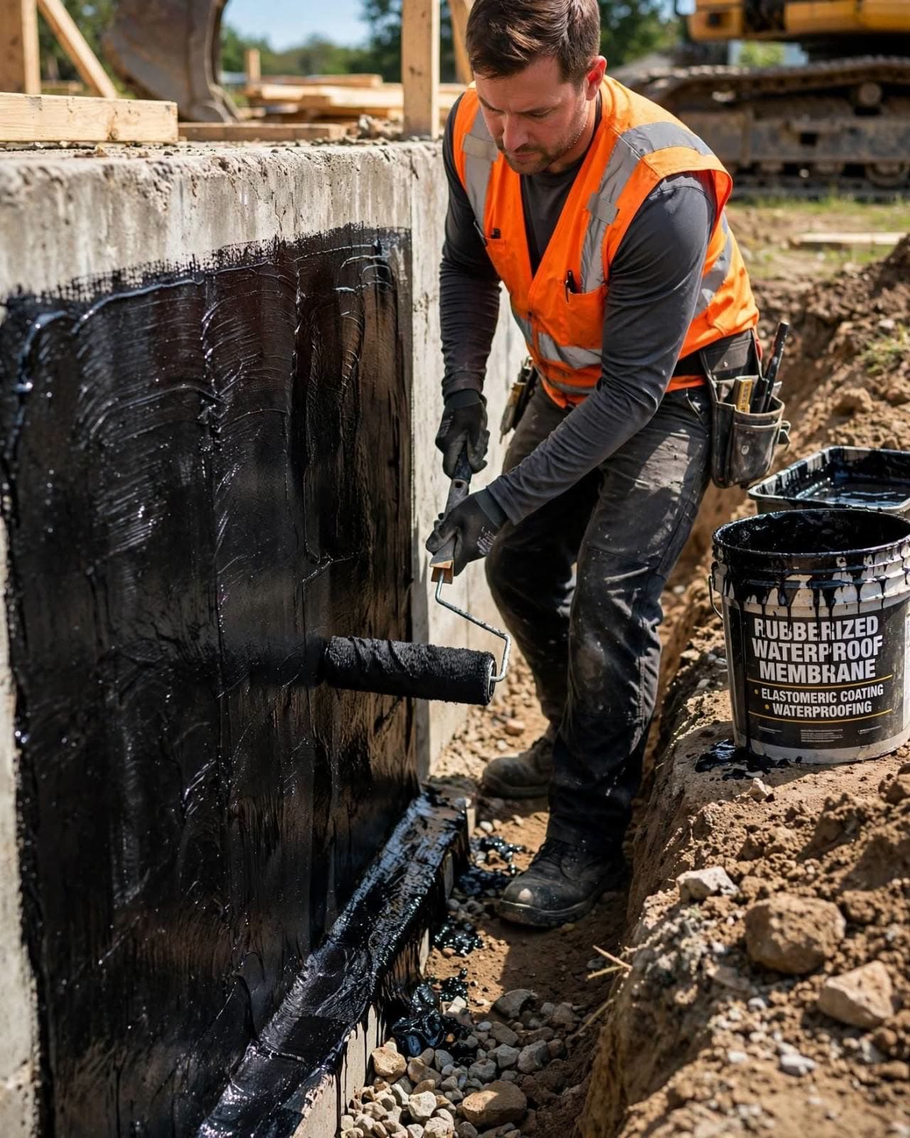 Technician rolling rubberized waterproof membrane onto an exposed foundation wall