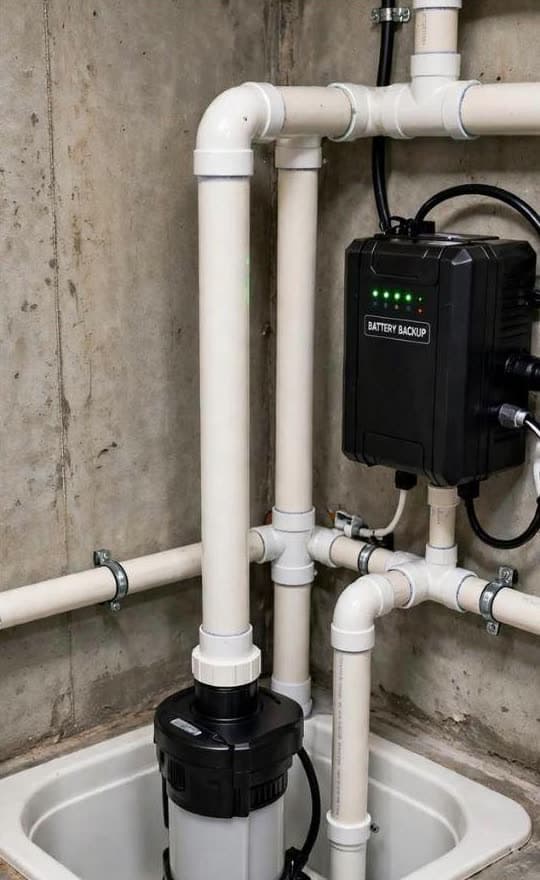 New sump pump in a pit with a battery backup unit mounted on the wall