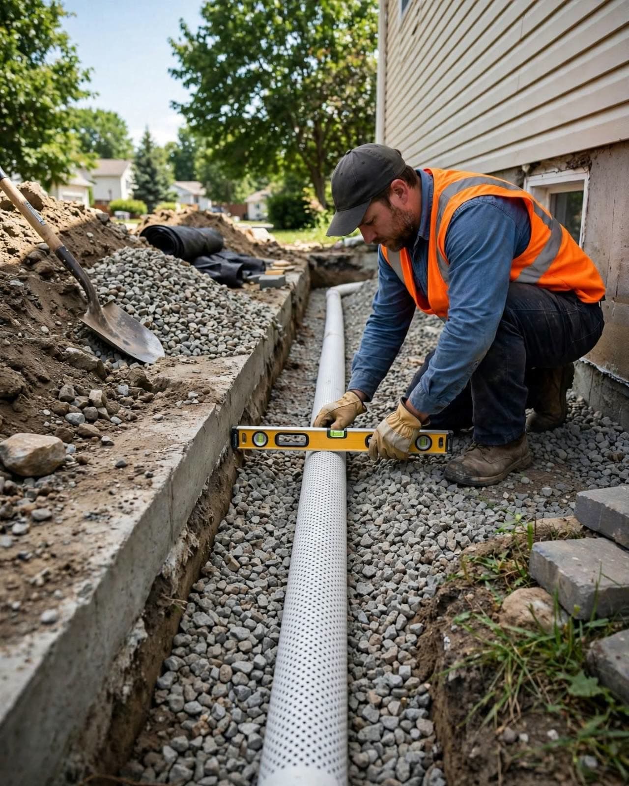 Technician checking the slope of new weeping tile with a level